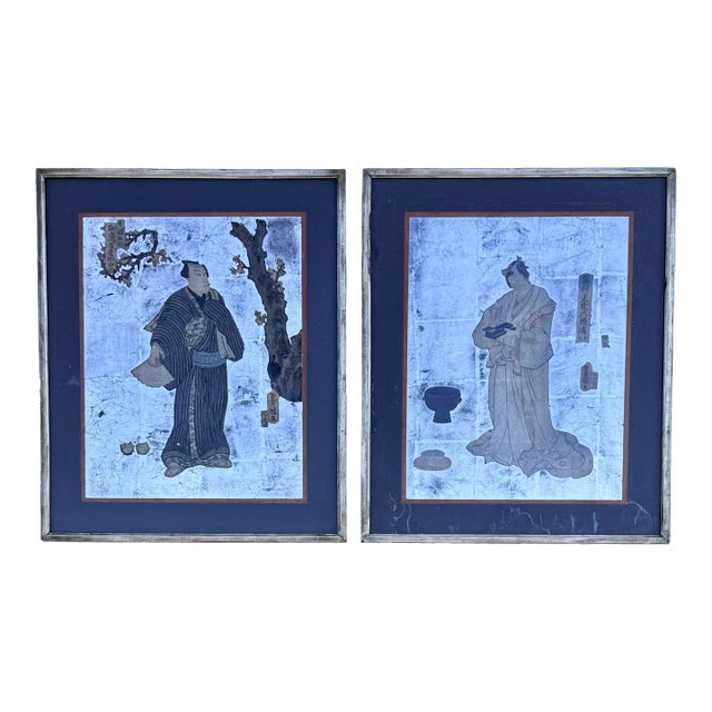 19th Century Utagawa Kunisada Japanese Woodblock Prints - Kabuki Actor Portraits - Signed & Framed W/ Silver Leaf For Sale