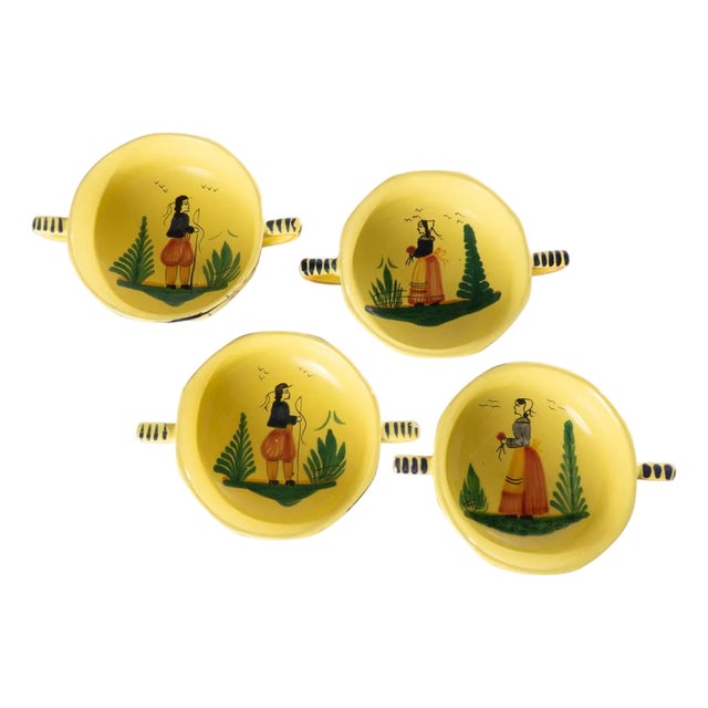 Mid 20th Century Hb Henriot Quimper Faience Soleil Yellow Cream Soup Bowls - Set of 4 For Sale