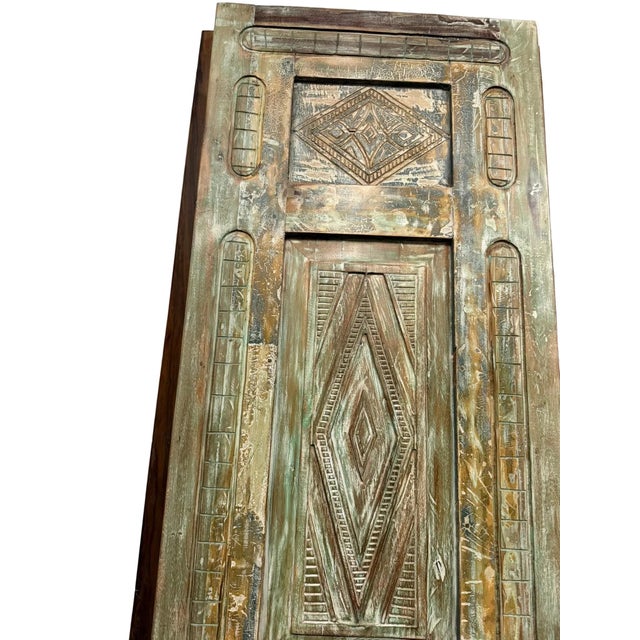 Wood Antique Green Floral Carved Door | Handcrafted Indian Sliding Closet Barn Door 96x29.5 For Sale - Image 7 of 8