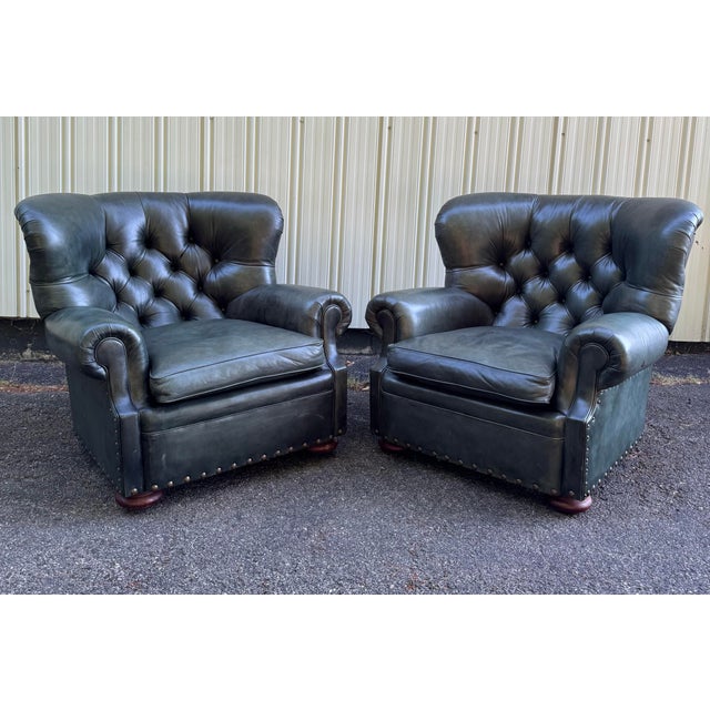 Ralph Lauren Writer’s Chairs in RARE beautiful hunter/forest green leather. The chairs are pictured in both cool and warm...