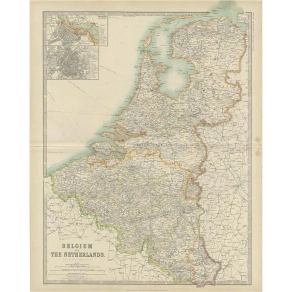 Antique Map of Belgium and the Netherlands by Johnston, 1909 For Sale