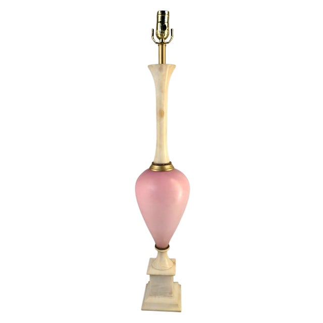 Vintage Neoclassical Italian Pink Art Glass & Marble Table Banquet Lamp For Sale - Image 4 of 12