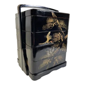 Early 1900s Antique Japanese Lacquer Pine Tree and Cranes Jubako Four Story Stacking Boxes