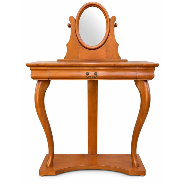 Cherry wood console dressing table with oval, swiveling mirror, circa 1970. Very good condition. Dimensions: Height 133...