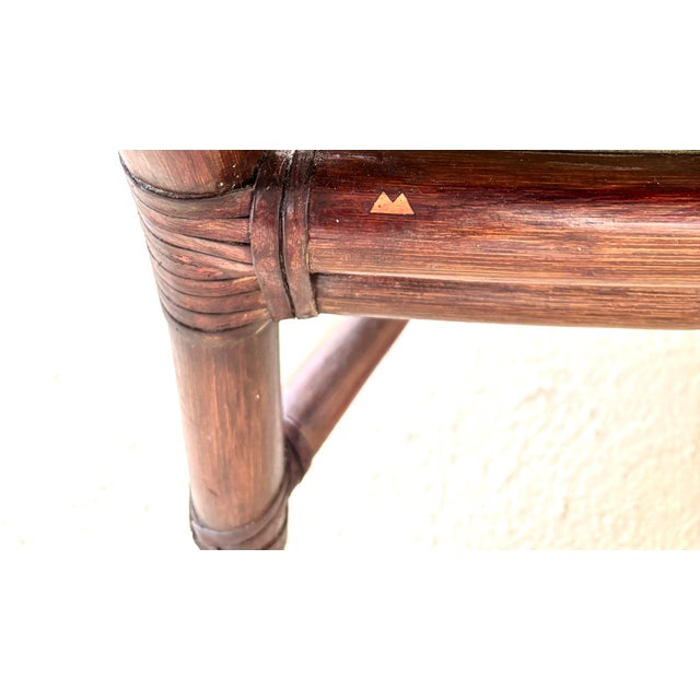 2 Professionally Refurbished McGuire Target Back Rattan Lounge Chairs With Ottoman. Upholstered in New Curated Green and Blue Vintage Fabric. For Sale - Image 10 of 12