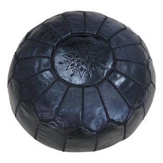 Handcrafted Moroccan Black Leather Pouf Cover – Genuine Goat Leather Ottoman, Hand-Stitched Marrakech Artisan, Minimalist Boho Decor For Sale