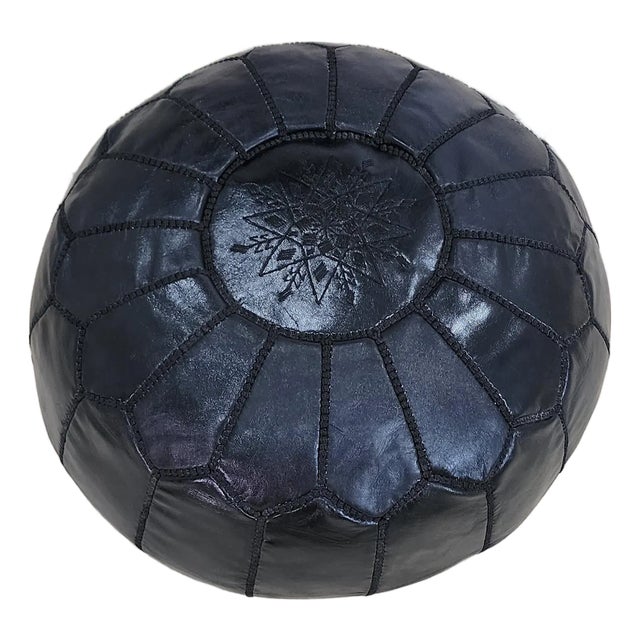 Handcrafted Moroccan Black Leather Pouf Cover – Genuine Goat Leather Ottoman, Hand-Stitched Marrakech Artisan, Minimalist Boho Decor For Sale