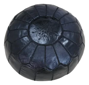 Handcrafted Moroccan Black Leather Pouf Cover – Genuine Goat Leather Ottoman, Hand-Stitched Marrakech Artisan, Minimalist Boho Decor