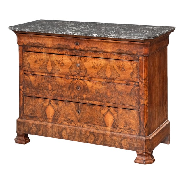 French Louis Philippe Chest or Commode of Burr Walnut With Marble Top For Sale
