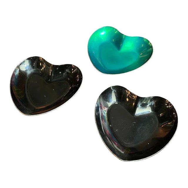 Trio of Danish Modern Enameled Sterling Silver Metal Heart Dishes For Sale
