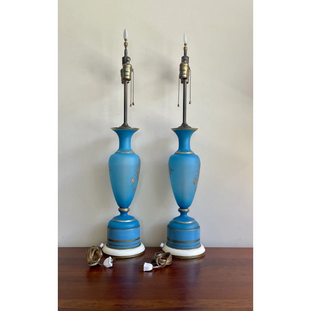 1940s Vintage French Opaline Blue & Gold Gilt Glass Table Lamps - a Pair For Sale - Image 5 of 13