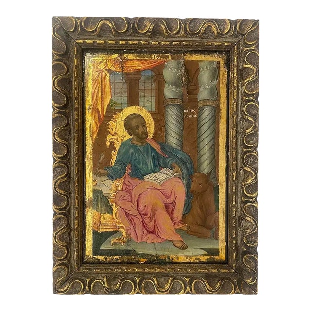 Antique 19th Century Greek Orthodox Icon – St. Luke the Evangelist With Ox, Hand-Painted 17.5” X 13” Rare Find For Sale