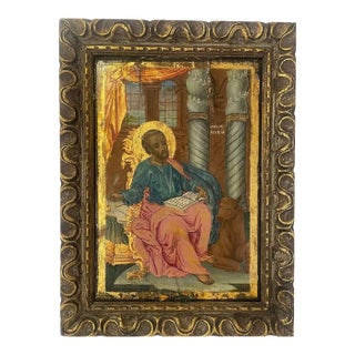 Antique Greek Orthodox Icon – St. Luke the Evangelist With Ox, Hand-Painted Tempera Gilded Wood 17.5” X 13” Rare Find For Sale