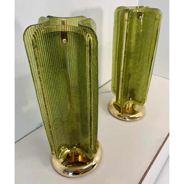 Murano Glass Table Lamps in Ribbed Green Glass and Brass, 2000s, Set of 2 For Sale - Image 17 of 18