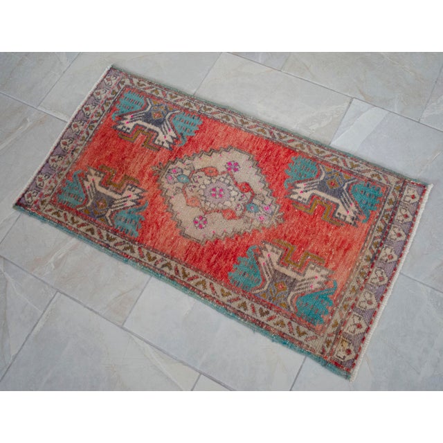 Small Vintage Turkish Oushak Rug 2x3 Hand Knotted Wool Red Teal Entryway Mat Handmade Doormat For Sale - Image 11 of 14