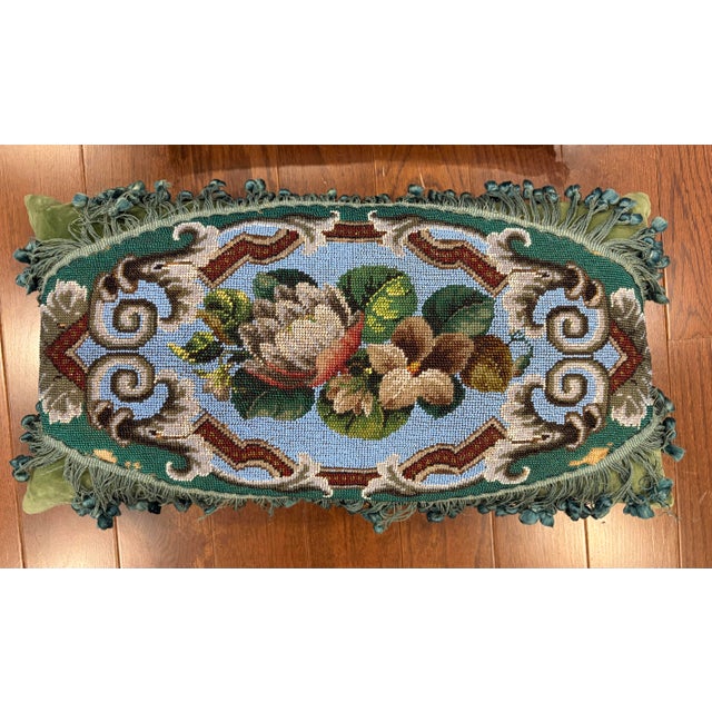 Teal Pair of Exquisite Antique Victorian-Style Beaded Needlepoint & Velvet Pillows For Sale - Image 8 of 11