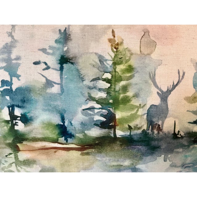 Textile Large Bolster Pillow Decorated With a Serene Water Color Look Forest, Deer and Reflective Lake Scene - Made in the U K For Sale - Image 7 of 12