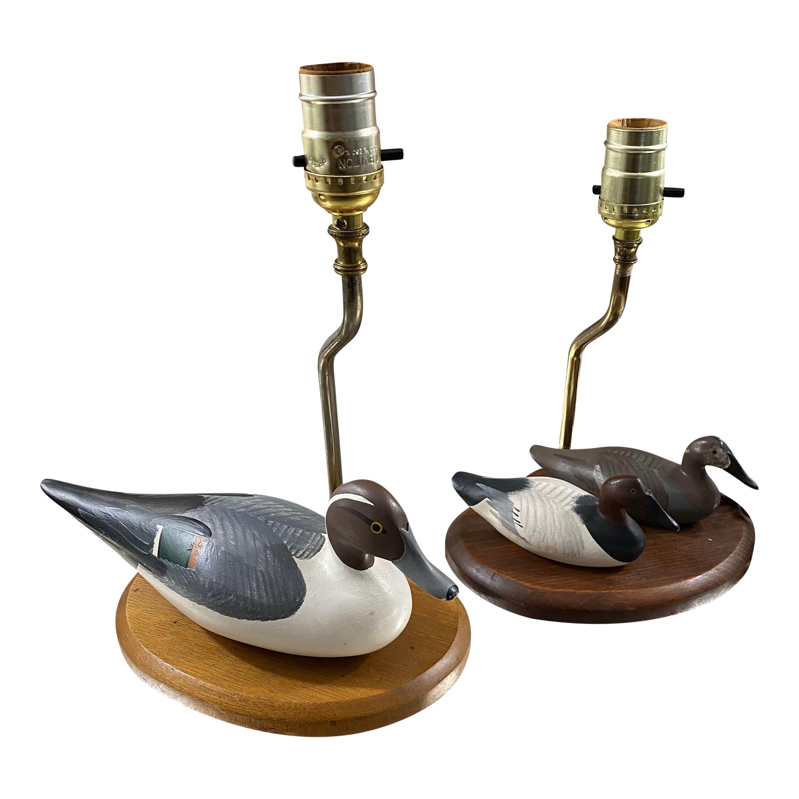 Pair of 1990s Hand Painted and Carved Duck Decoy Lamps by Harry Jobes