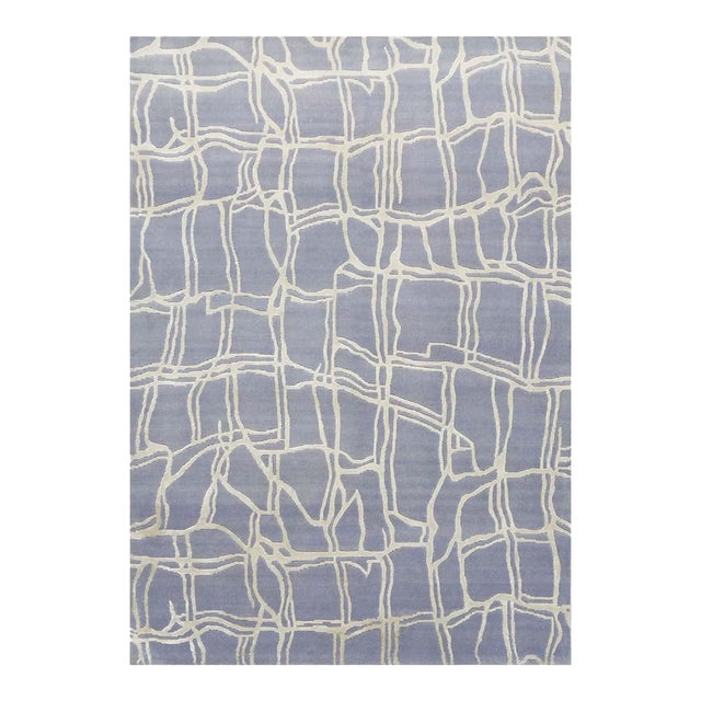 Nepalese Modern Abstract Wool & Silk 4x6 Slate Blue & Ivory Handmade Area Rug #9902908 For Sale