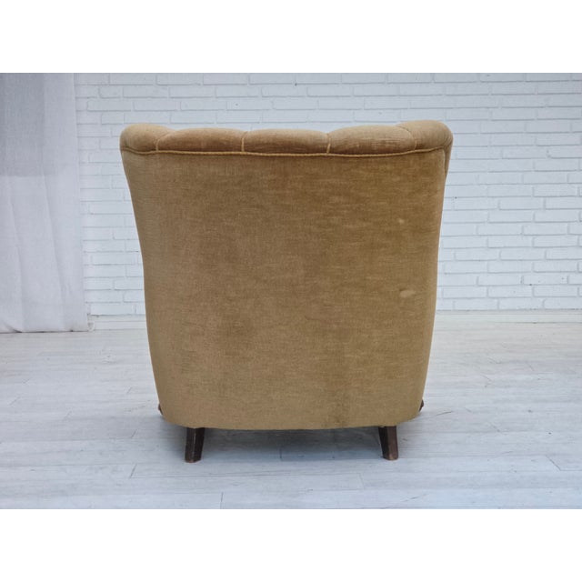 Danish Armchair in Green Furniture Velour and Carved Oak Wood, 1960s For Sale - Image 9 of 15