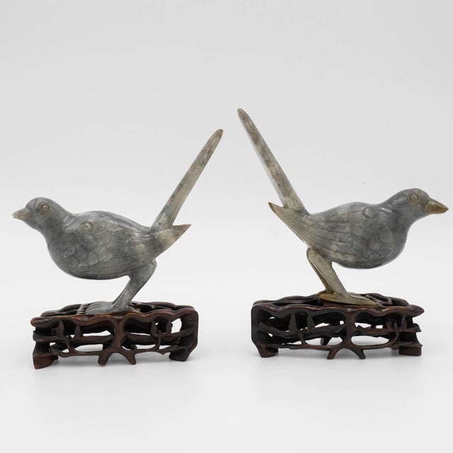 Pair of 1960s Carved Chinese Green Soap Stone Birds For Sale - Image 4 of 11