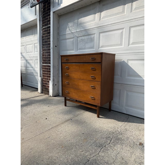 Mid Century Modern Walnut Highboy Dresser With Sculptural Brass Ring Pulls For Sale - Image 12 of 12
