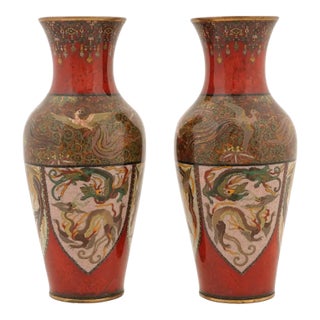Japanese Cloisonne Enamel Meiji Translucent Red Dragon Vases, Honda School For Sale