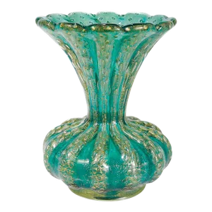 Mid-Century Ribbed Barovier Bullicante Green & Gold Murano Art Glass Vase