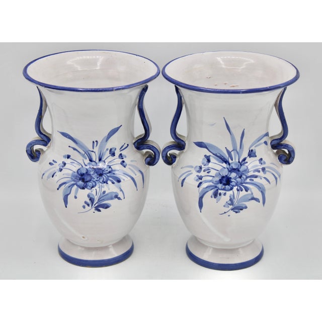 Vintage Italian Blue and White Ceramic Flower Vases - a Pair For Sale In Tulsa - Image 6 of 9