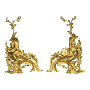 19 century French Louis XVI style gilt bronze cherub motif figural andirons - A Pair