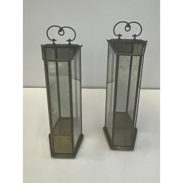Brass & Aged Glass Lanterns -A Pair For Sale - Image 9 of 13