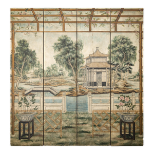 Hand-Painted Four-Panel Chinese Screen with Garden Pavilion and Peony Motifs