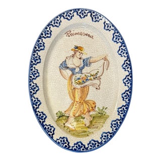 Vintage Antique Italian Fiancé Hand Painted 16" Oval Serving Dish Tray - Primavera For Sale