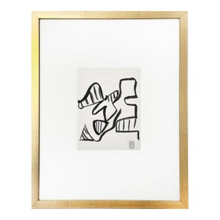 Mid Century Modern French Abstract Painting in Black and White on Paper. Gold Frame and Signed by Artist For Sale