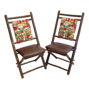 Genesee River Pair of Folding Hickory Camp Chairs W/Vintage Sporting Barkcloth