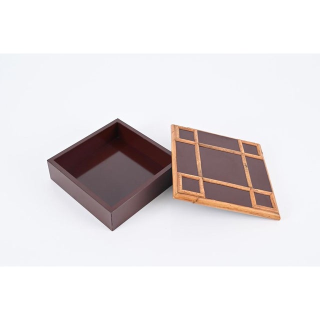 Wood Italian Bakelite and Bamboo Square Decorative Box by Tommaso Barbi, 1980s For Sale - Image 7 of 16