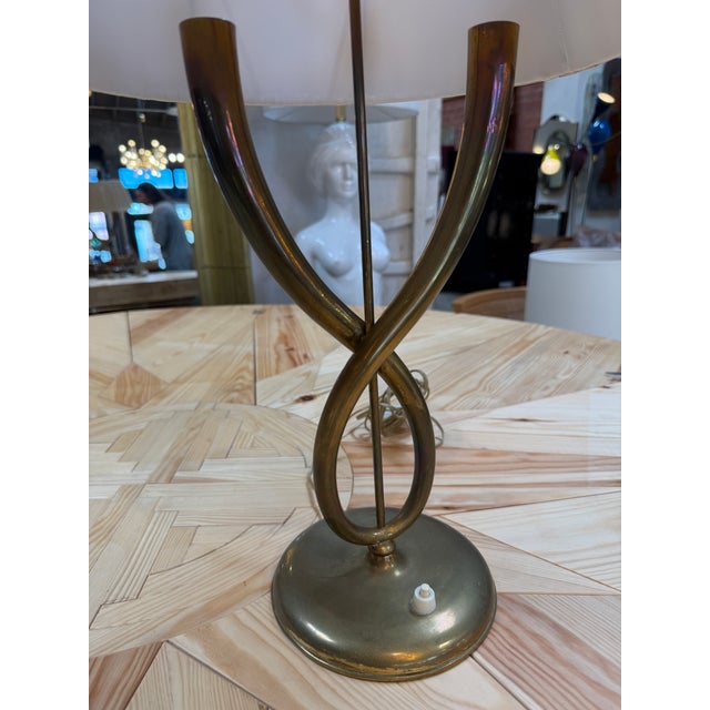 1950s Italian Brass Table Lamp With Twisted Loop Base and Pleated Shade, 1950s For Sale - Image 5 of 9