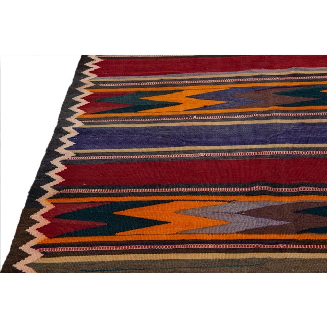 Vintage Kilim Handmade Flatweave Multicolor Striped Wool Runner For Sale - Image 4 of 10