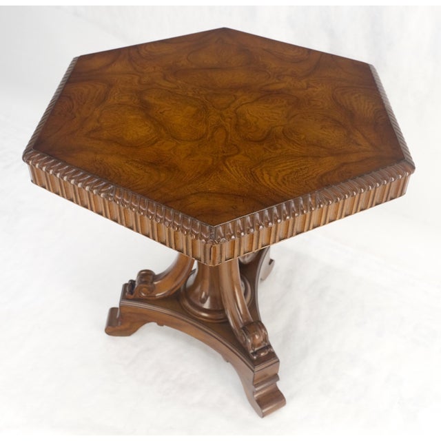 Brown Fine Hexagon Burl Wood Top Tripod Carved Scroll Base Rope Edge Center Table MINT For Sale - Image 8 of 17