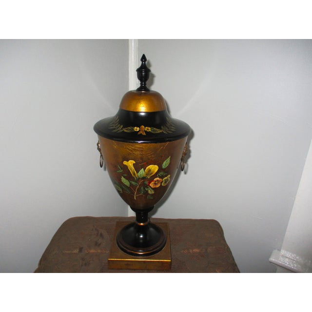 Vintage French Provincial Toleware Hand Painted Urn With Birds & Flowers Lion Handles For Sale - Image 4 of 7