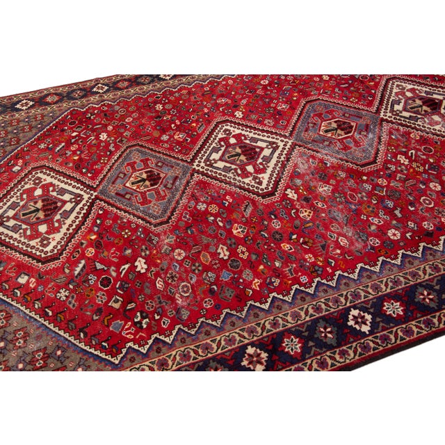 1960s Vintage Persian Shiraz Handmade Red Medallion Wool Rug For Sale In New York - Image 6 of 7