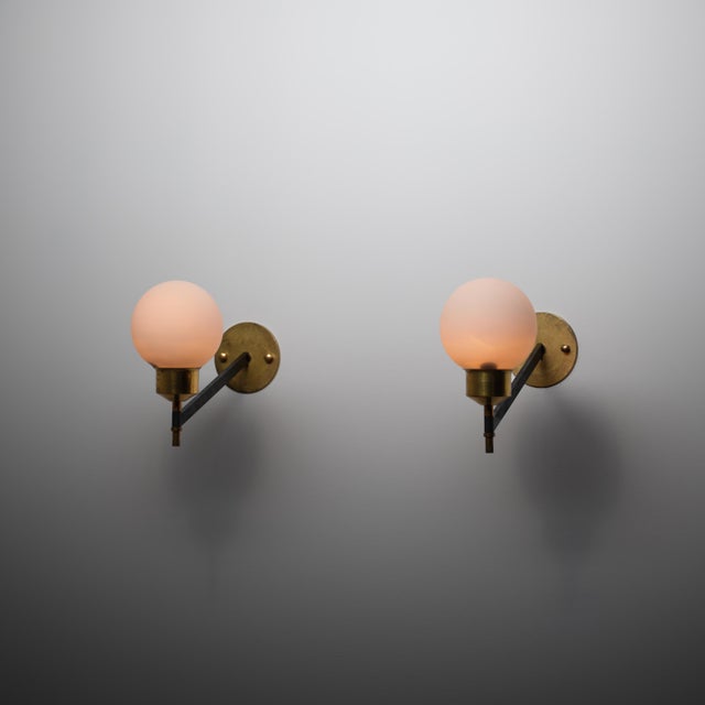 Black Italian Wall Sconces in Brass, Black Steel and Opaline Glass, 1950s, Set of 2 For Sale - Image 8 of 10