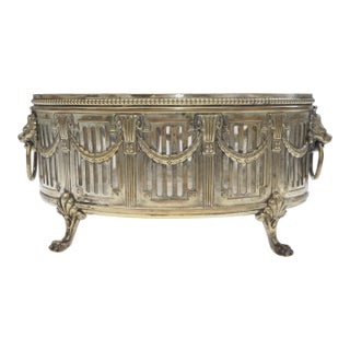 Antique WMF Jardiniere Glass Liner Centerpiece Bowl Neoclassical Style Silverplate Brass Lion Handles Paw Feet For Sale
