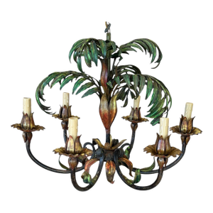 Mid-20th Century Italian Regency Tole Palm Chandelier – Six-Light Fixture With Verdigris Finish