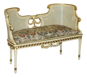 French Louis Bergere Gold and Silver Leaf Embroidered Window Seat Bench
