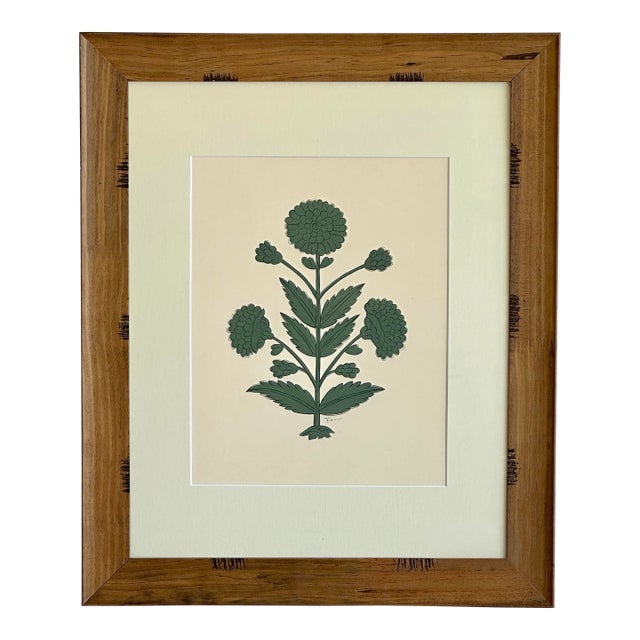 Hand-Painted Jaipuri Green Floral Motif Painting in a Pinewood Frame For Sale