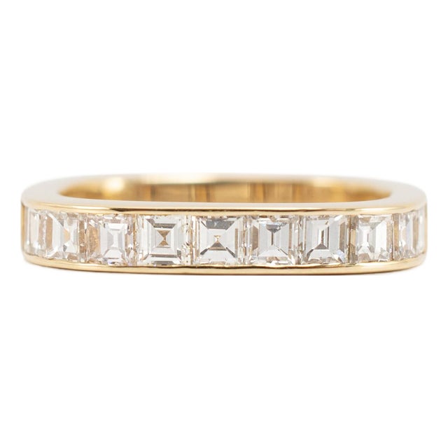 Vintage Swiss 18k Yellow Gold 1.12ct Square Cut Baguettes Diamonds Band Ring, Size 5 For Sale