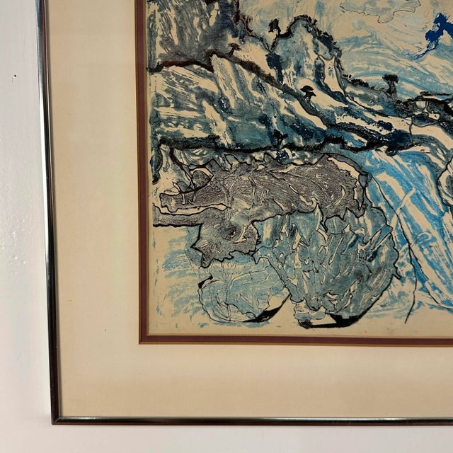 Blue Framed Abstract Blue Landscape Lithograph Signed For Sale - Image 8 of 12