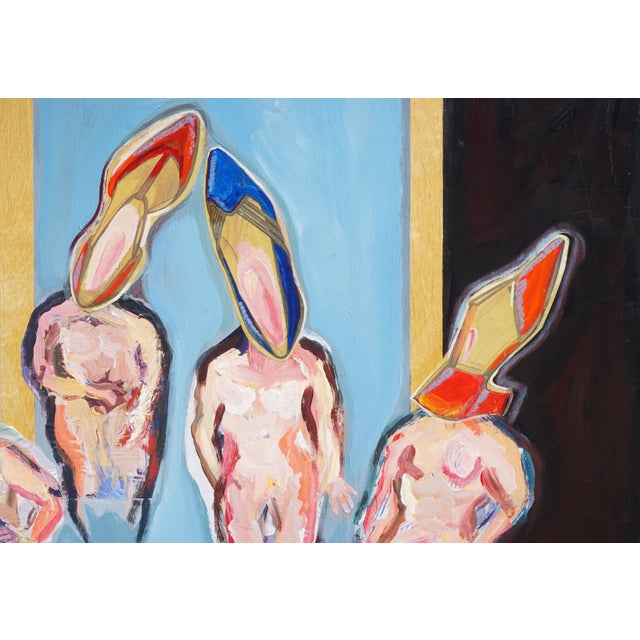 Attention all shoe lovers! This whimsical mixed media figurative abstract piece features four surrealist nude figures with...