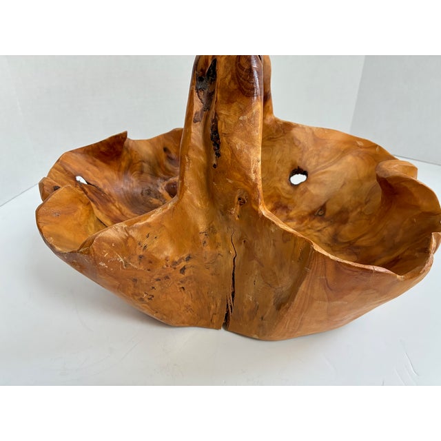 Vintage Hand-Carved Burl Wood Bowl – Large Organic Basket-Style Decorative Centerpiece For Sale - Image 4 of 11